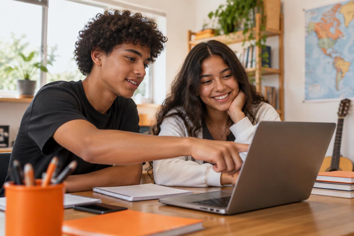 Dois adolescentes colaborando em uma atividade no computador
